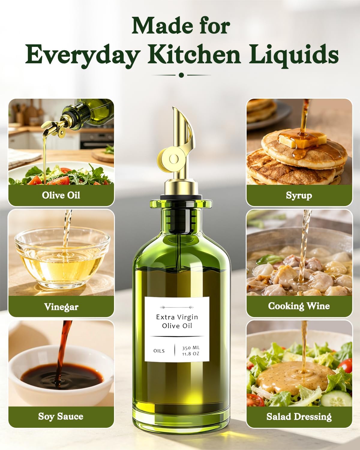Olive Oil Dispenser Set of 2, Dark Green Glass Bottles, 12 oz | Gold Auto-Flip Spouts, Funnel, 2 Cleaning Brushes, and 45 Labels for Olive Oil, Vinegar, and Avocado Oil