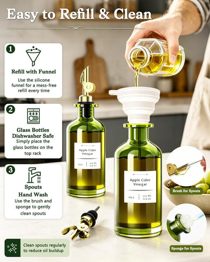 Olive Oil Dispenser Set of 2, Dark Green Glass Bottles, 12 oz | Gold Auto-Flip Spouts, Funnel, 2 Cleaning Brushes, and 45 Labels for Olive Oil, Vinegar, and Avocado Oil