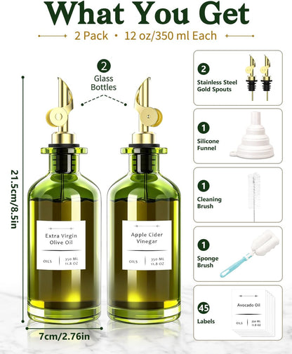 Olive Oil Dispenser Set of 2, Dark Green Glass Bottles, 12 oz | Gold Auto-Flip Spouts, Funnel, 2 Cleaning Brushes, and 45 Labels for Olive Oil, Vinegar, and Avocado Oil