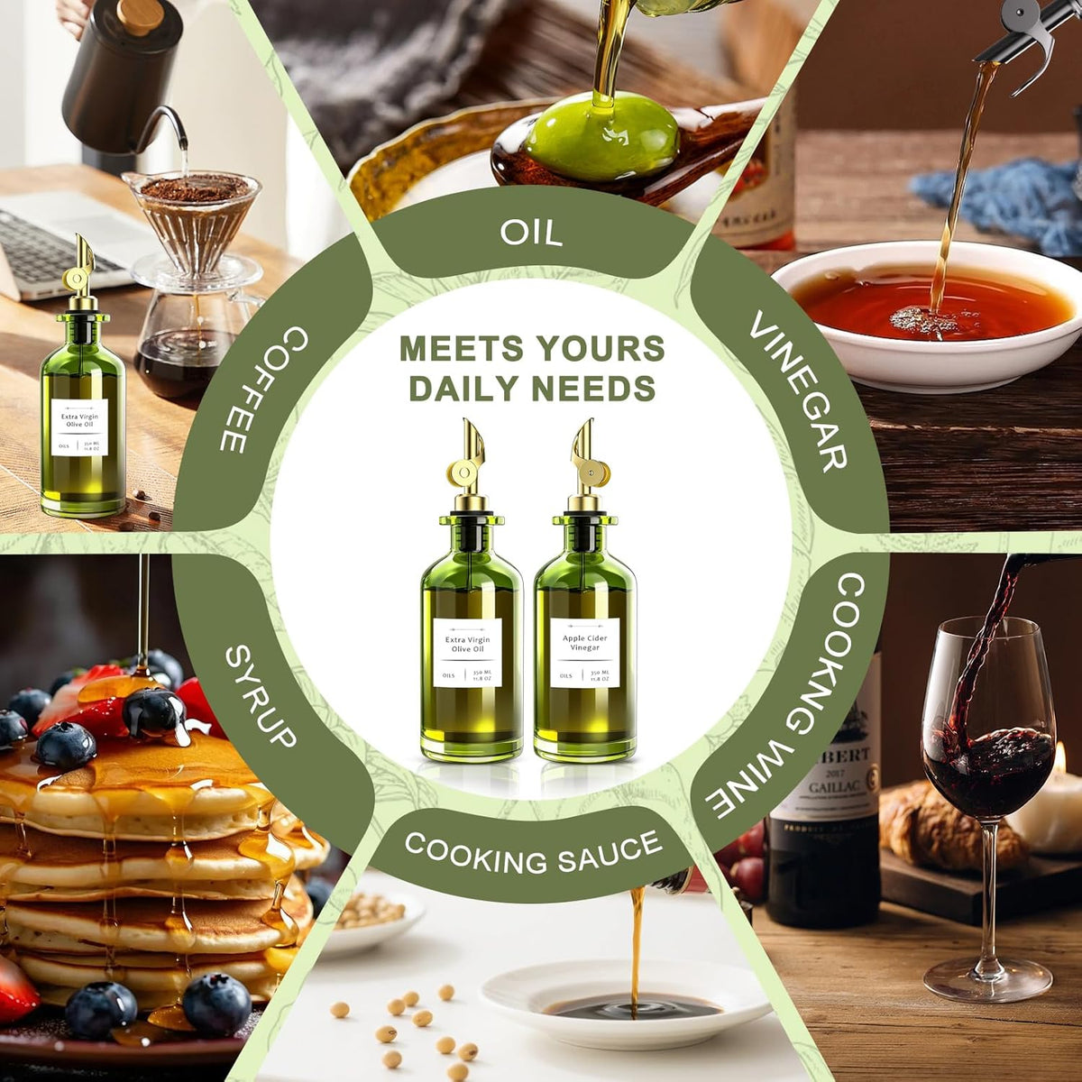 Olive Oil Dispenser Set of 2, Dark Green Glass Bottles, 12 oz | Gold Auto-Flip Spouts, Funnel, 2 Cleaning Brushes, and 45 Labels for Olive Oil, Vinegar, and Avocado Oil