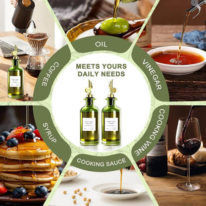 Olive Oil Dispenser Set of 2, Dark Green Glass Bottles, 12 oz | Gold Auto-Flip Spouts, Funnel, 2 Cleaning Brushes, and 45 Labels for Olive Oil, Vinegar, and Avocado Oil