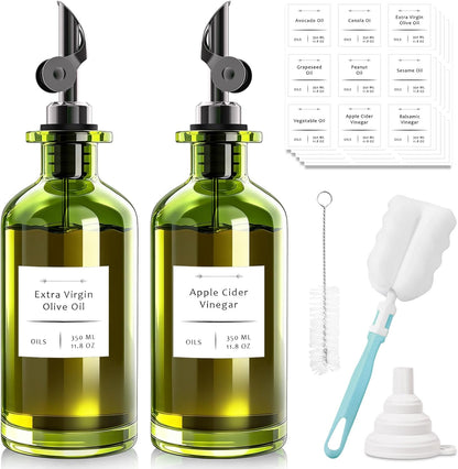 Olive Oil Dispenser Set of 2, Dark Green Glass Bottles, 12 oz | Gold Auto-Flip Spouts, Funnel, 2 Cleaning Brushes, and 45 Labels for Olive Oil, Vinegar, and Avocado Oil