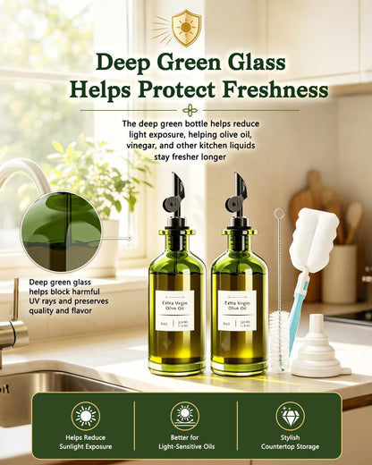 Olive Oil Dispenser Set of 2, Dark Green Glass Bottles, 12 oz | Gold Auto-Flip Spouts, Funnel, 2 Cleaning Brushes, and 45 Labels for Olive Oil, Vinegar, and Avocado Oil