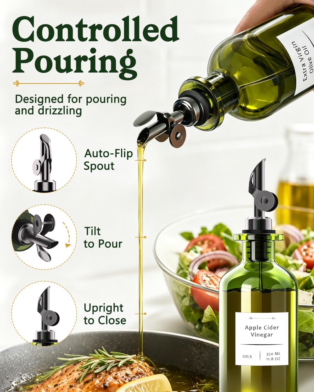 Olive Oil Dispenser Set of 2, Dark Green Glass Bottles, 12 oz | Gold Auto-Flip Spouts, Funnel, 2 Cleaning Brushes, and 45 Labels for Olive Oil, Vinegar, and Avocado Oil