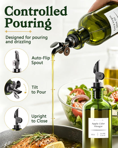 Olive Oil Dispenser Set of 2, Dark Green Glass Bottles, 12 oz | Gold Auto-Flip Spouts, Funnel, 2 Cleaning Brushes, and 45 Labels for Olive Oil, Vinegar, and Avocado Oil
