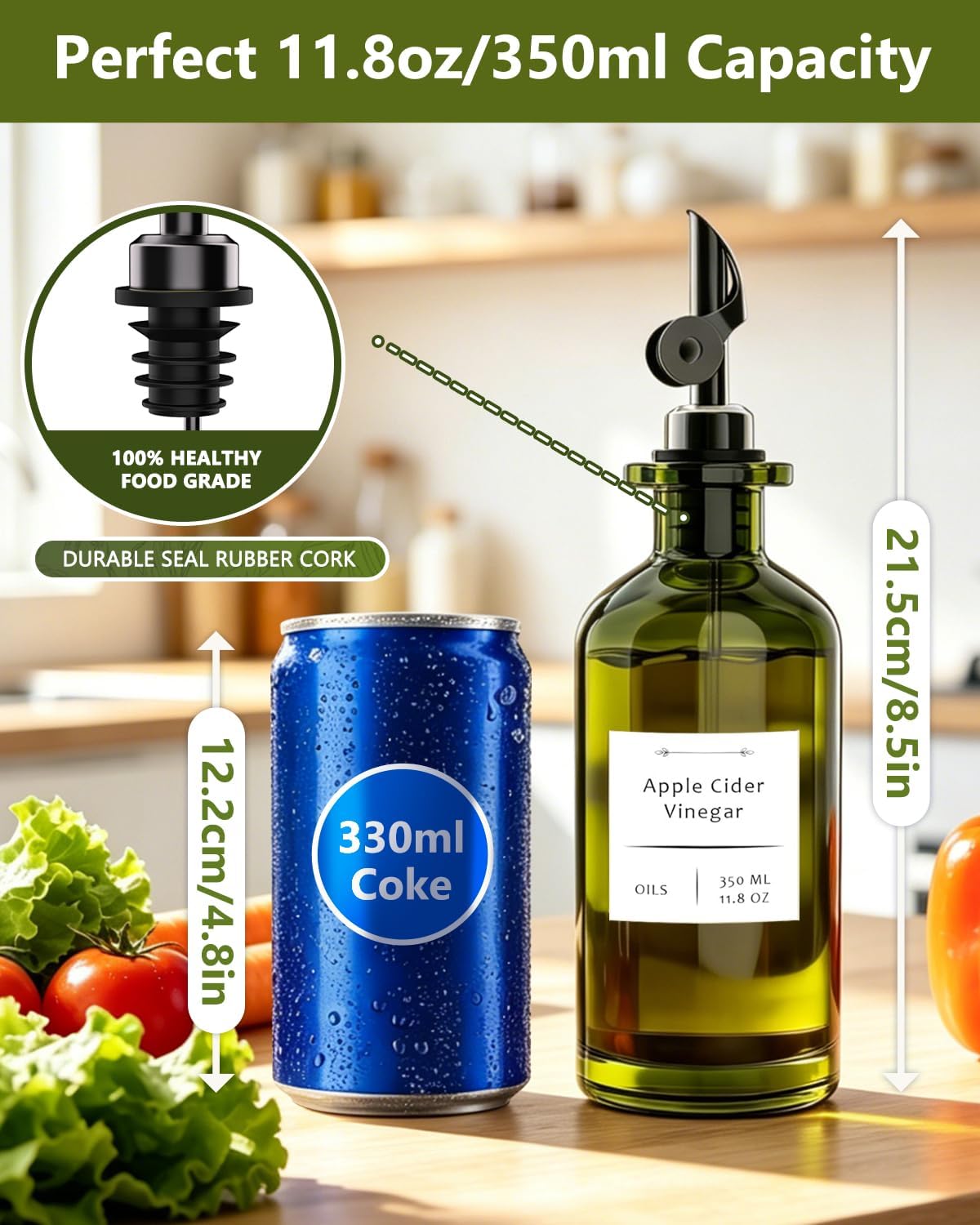 Olive Oil Dispenser Set of 2, Dark Green Glass Bottles, 12 oz | Gold Auto-Flip Spouts, Funnel, 2 Cleaning Brushes, and 45 Labels for Olive Oil, Vinegar, and Avocado Oil