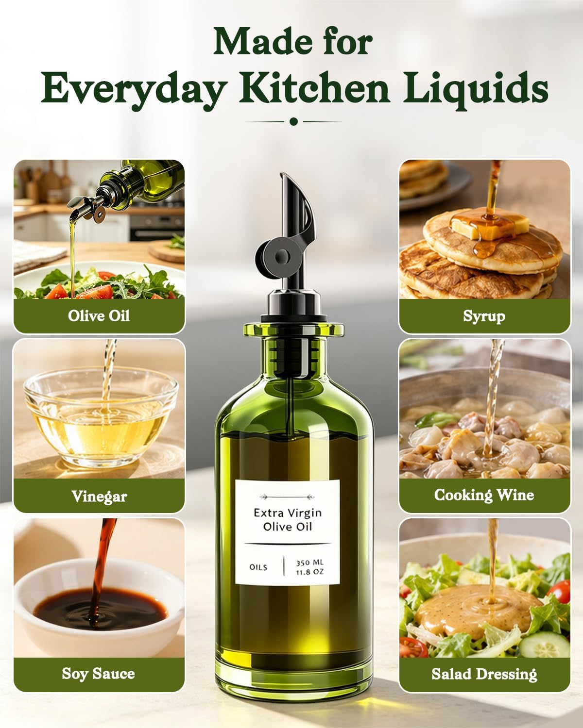 Olive Oil Dispenser Set of 2, Dark Green Glass Bottles, 12 oz | Gold Auto-Flip Spouts, Funnel, 2 Cleaning Brushes, and 45 Labels for Olive Oil, Vinegar, and Avocado Oil