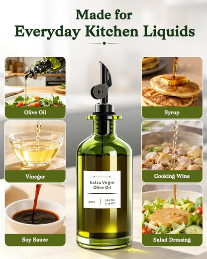 Olive Oil Dispenser Set of 2, Dark Green Glass Bottles, 12 oz | Gold Auto-Flip Spouts, Funnel, 2 Cleaning Brushes, and 45 Labels for Olive Oil, Vinegar, and Avocado Oil