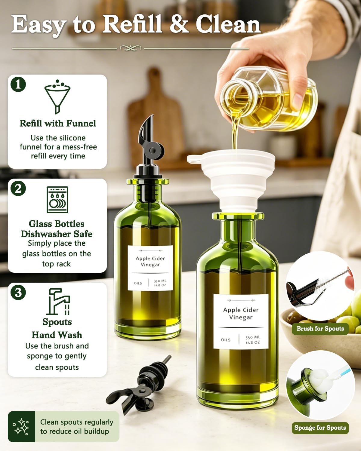 Olive Oil Dispenser Set of 2, Dark Green Glass Bottles, 12 oz | Gold Auto-Flip Spouts, Funnel, 2 Cleaning Brushes, and 45 Labels for Olive Oil, Vinegar, and Avocado Oil
