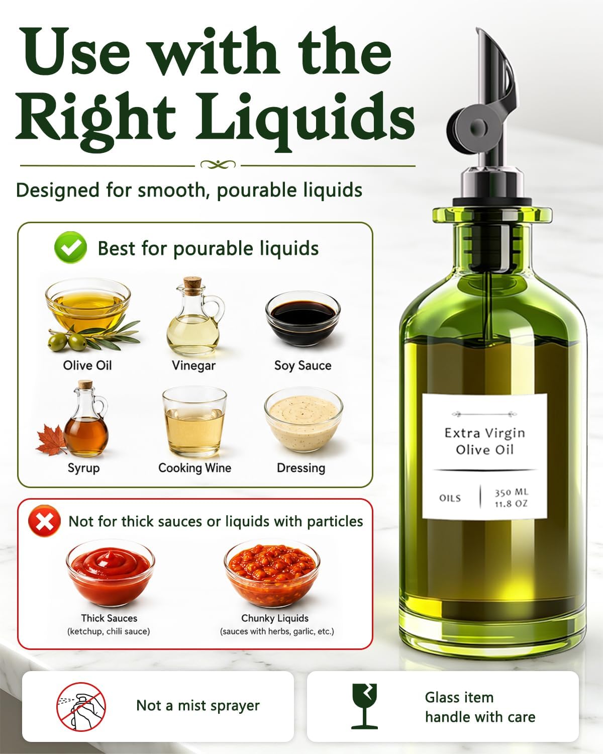 Olive Oil Dispenser Set of 2, Dark Green Glass Bottles, 12 oz | Gold Auto-Flip Spouts, Funnel, 2 Cleaning Brushes, and 45 Labels for Olive Oil, Vinegar, and Avocado Oil