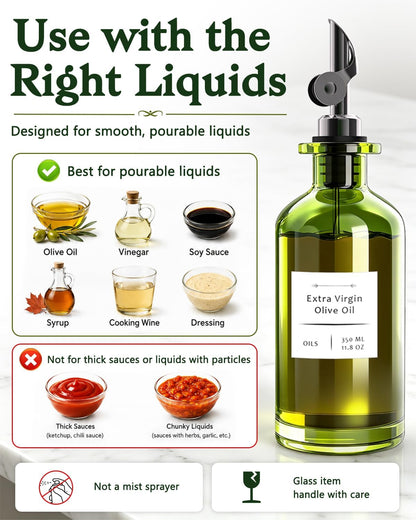 Olive Oil Dispenser Set of 2, Dark Green Glass Bottles, 12 oz | Gold Auto-Flip Spouts, Funnel, 2 Cleaning Brushes, and 45 Labels for Olive Oil, Vinegar, and Avocado Oil