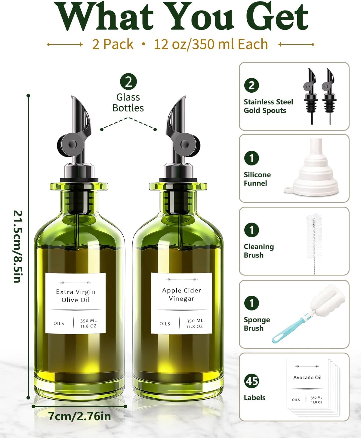 Olive Oil Dispenser Set of 2, Dark Green Glass Bottles, 12 oz | Gold Auto-Flip Spouts, Funnel, 2 Cleaning Brushes, and 45 Labels for Olive Oil, Vinegar, and Avocado Oil