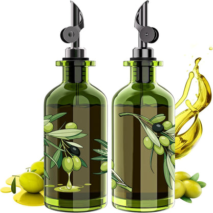 Olive Oil Dispenser Set of 2, Dark Green Glass Bottles, 12 oz | Gold Auto-Flip Spouts, Funnel, 2 Cleaning Brushes, and 45 Labels for Olive Oil, Vinegar, and Avocado Oil