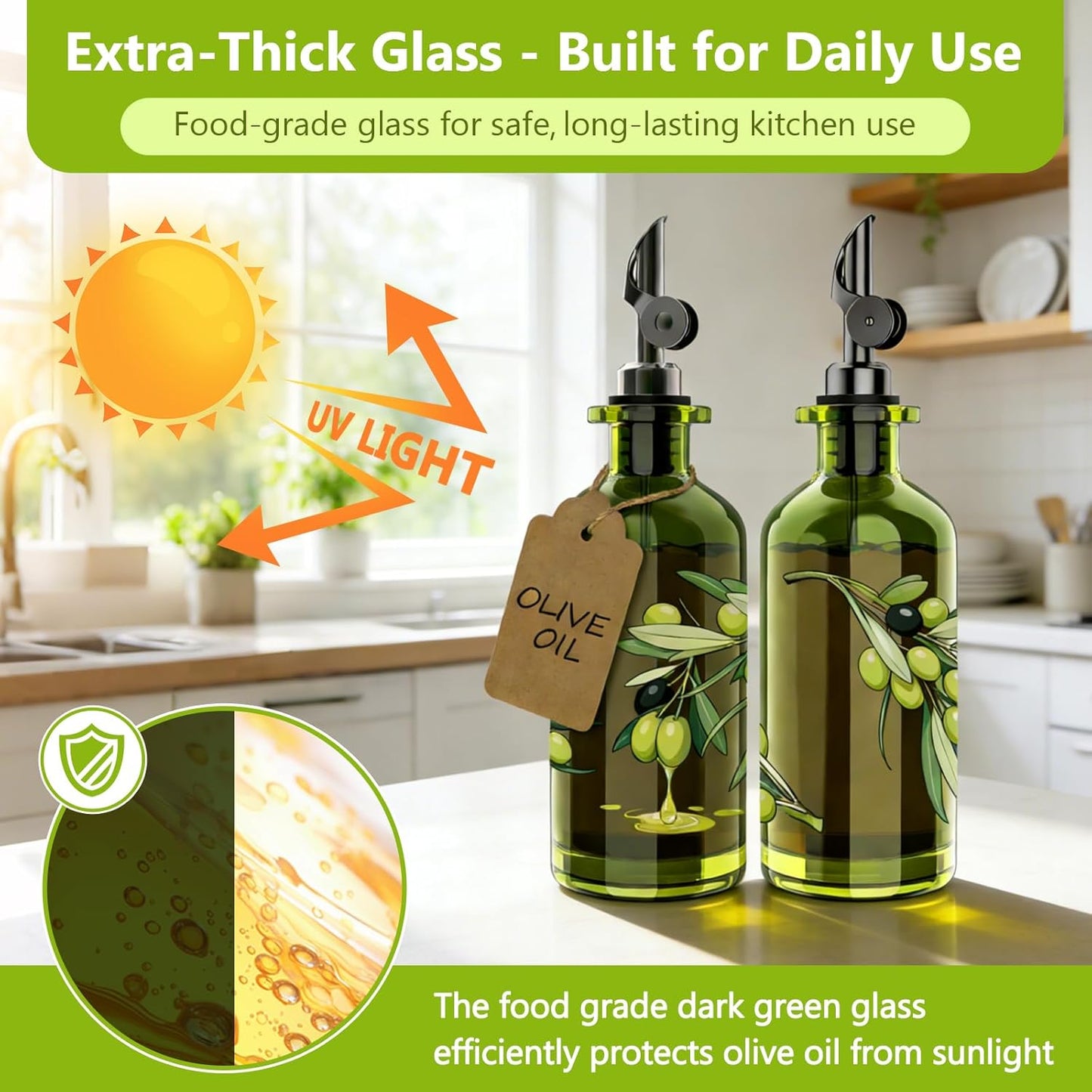 Olive Oil Dispenser Set of 2, Dark Green Glass Bottles, 12 oz | Gold Auto-Flip Spouts, Funnel, 2 Cleaning Brushes, and 45 Labels for Olive Oil, Vinegar, and Avocado Oil