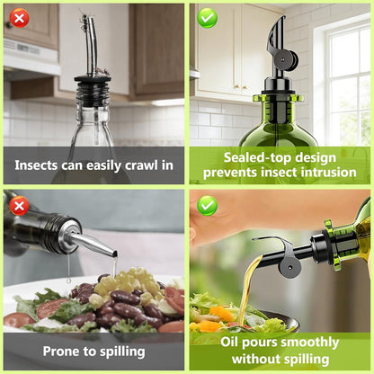Olive Oil Dispenser Set of 2, Dark Green Glass Bottles, 12 oz | Gold Auto-Flip Spouts, Funnel, 2 Cleaning Brushes, and 45 Labels for Olive Oil, Vinegar, and Avocado Oil