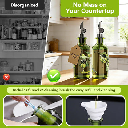 Olive Oil Dispenser Set of 2, Dark Green Glass Bottles, 12 oz | Gold Auto-Flip Spouts, Funnel, 2 Cleaning Brushes, and 45 Labels for Olive Oil, Vinegar, and Avocado Oil