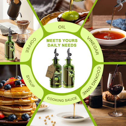 Olive Oil Dispenser Set of 2, Dark Green Glass Bottles, 12 oz | Gold Auto-Flip Spouts, Funnel, 2 Cleaning Brushes, and 45 Labels for Olive Oil, Vinegar, and Avocado Oil