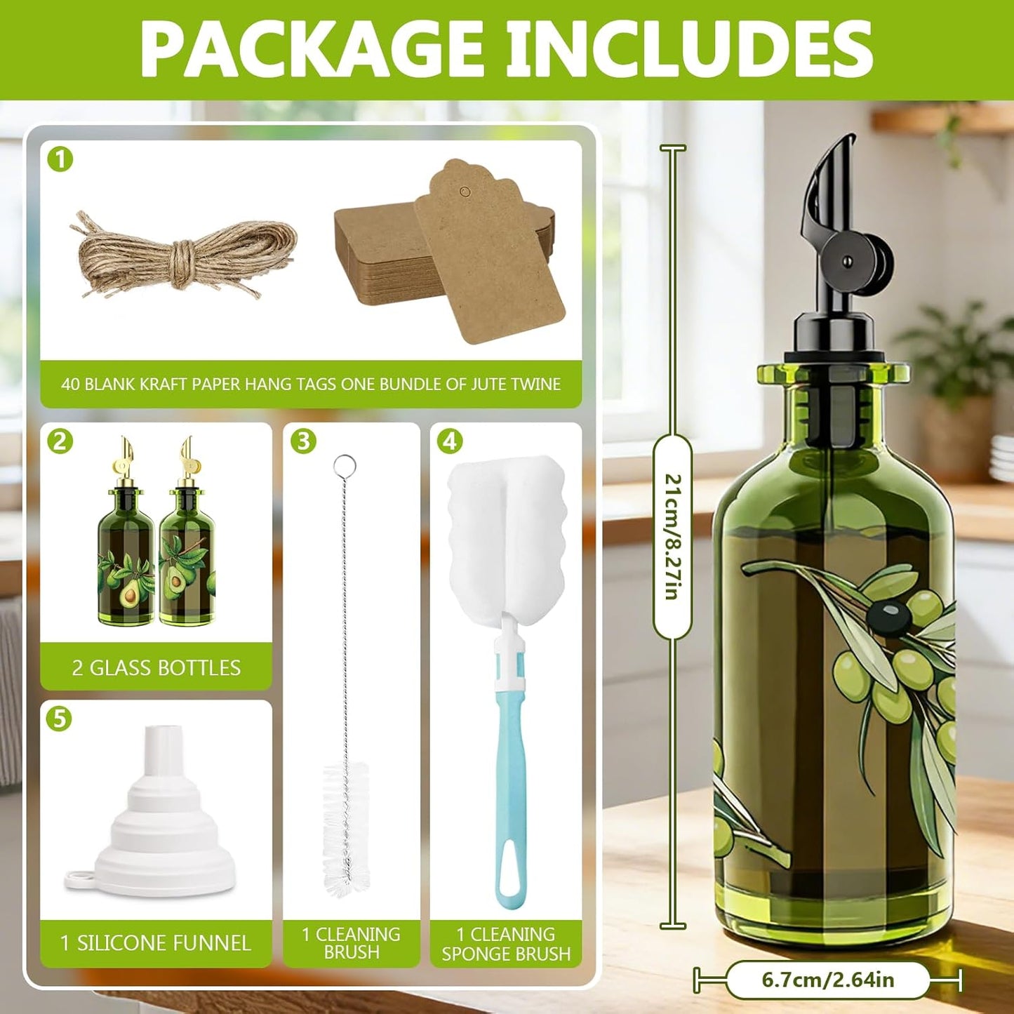 Olive Oil Dispenser Set of 2, Dark Green Glass Bottles, 12 oz | Gold Auto-Flip Spouts, Funnel, 2 Cleaning Brushes, and 45 Labels for Olive Oil, Vinegar, and Avocado Oil