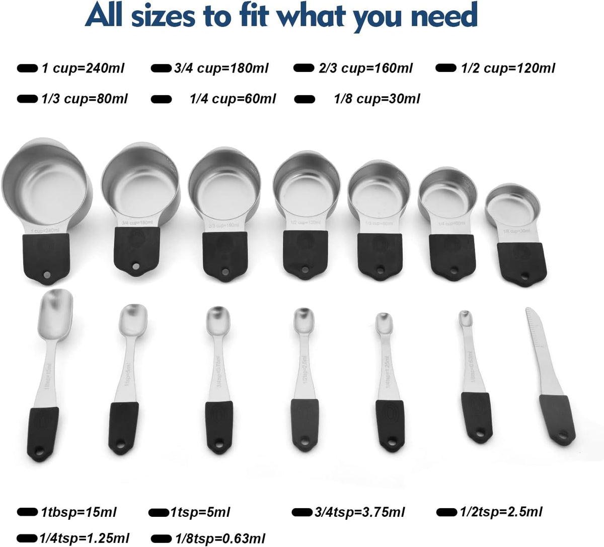 Magnetic Measuring Cups Set, 7 Pieces 18/8 Stainless Steel Stackable Nesting Heavy Duty Metal Measure Cups, Color Silicone Handle Kitchen Tools for Dry and Liquid Ingredients (14, Black)