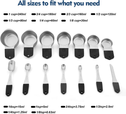 Magnetic Measuring Cups Set, 7 Pieces 18/8 Stainless Steel Stackable Nesting Heavy Duty Metal Measure Cups, Color Silicone Handle Kitchen Tools for Dry and Liquid Ingredients (14, Black)