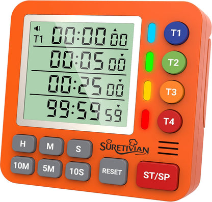 Digital Kitchen Timer with 4 Channel, Loud Alarm and Silent Mode | Magnetic Cooking Timer with Count Up & Countdown for Kids and Seniors, Large Display to Read, Auto Memory, Battery Included