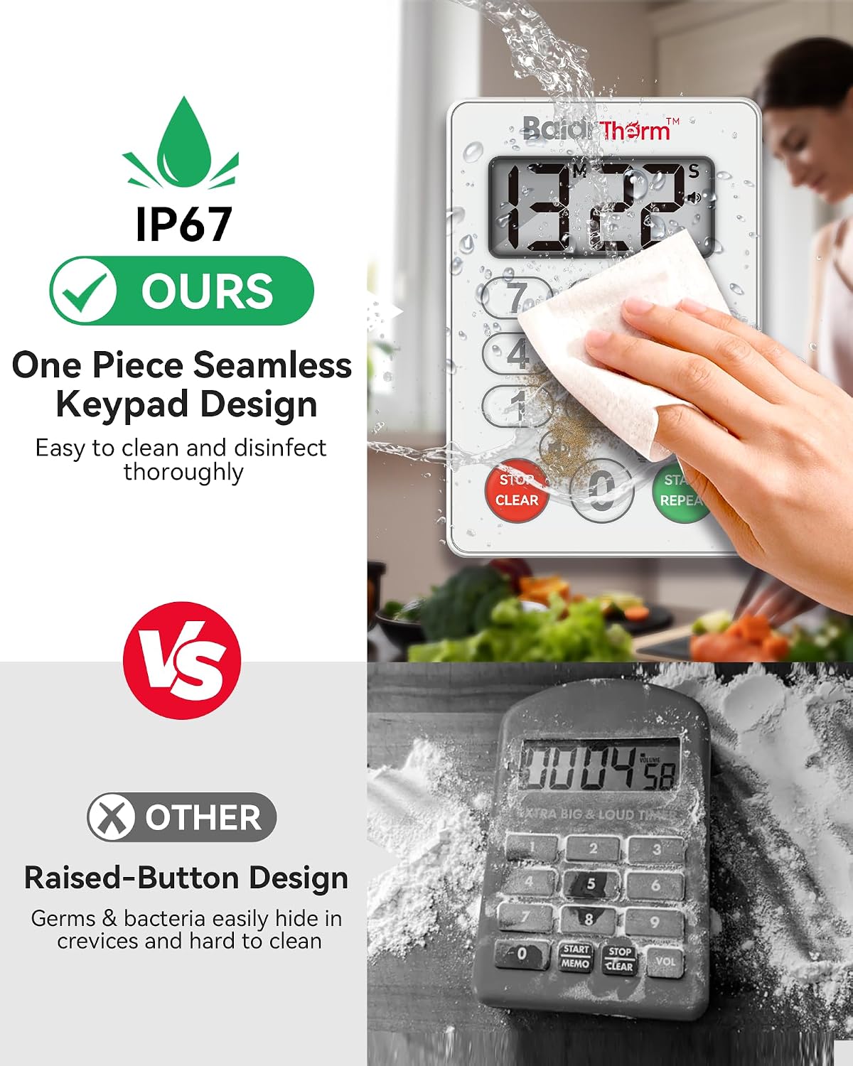 Digital Kitchen Timer, Waterproof Magnetic Countdown Timer with Alarm