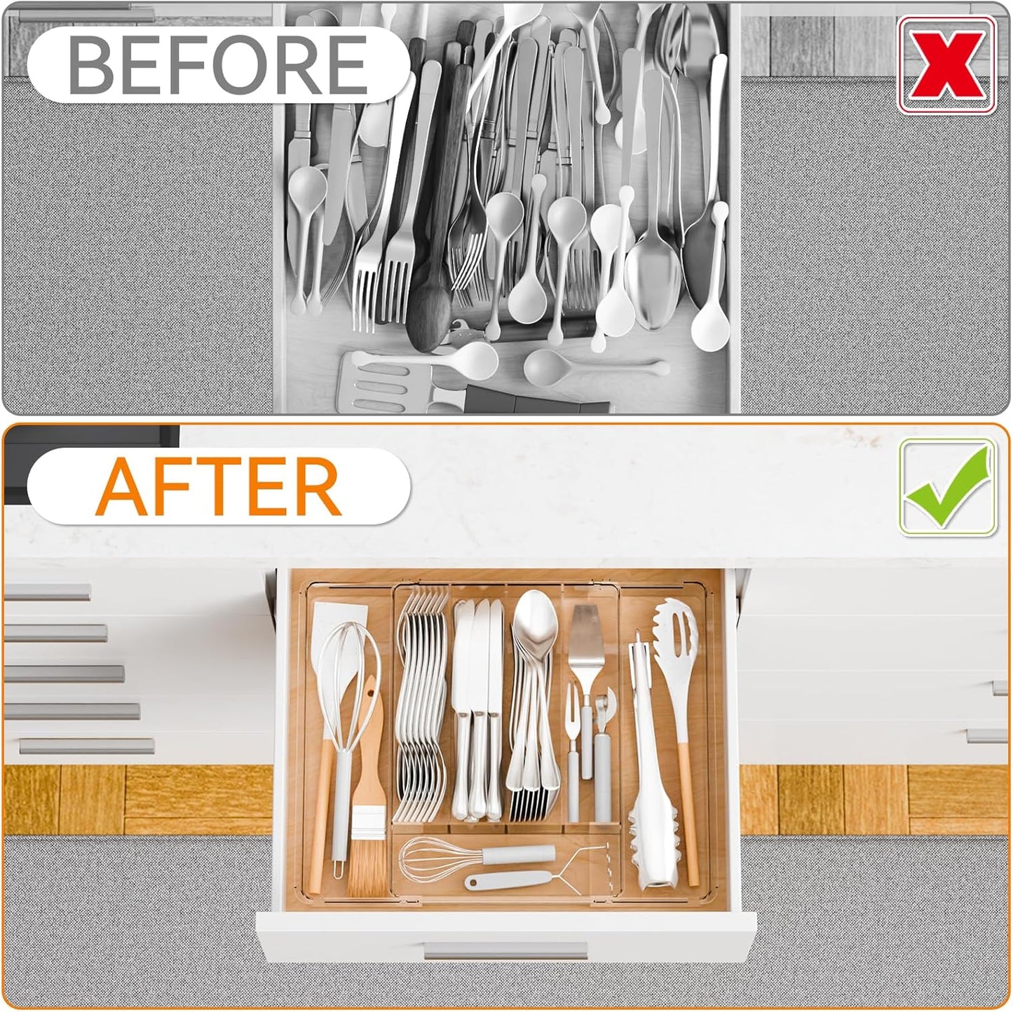 Large Clear Expandable Silverware Drawer Organizer for Kitchen,BPA FREE Adjustable Utensil Drawer Organizer and Silverware Tray,Plastic Flatware Organizers,Cutlery,Knife,Fork and Spoon Holder