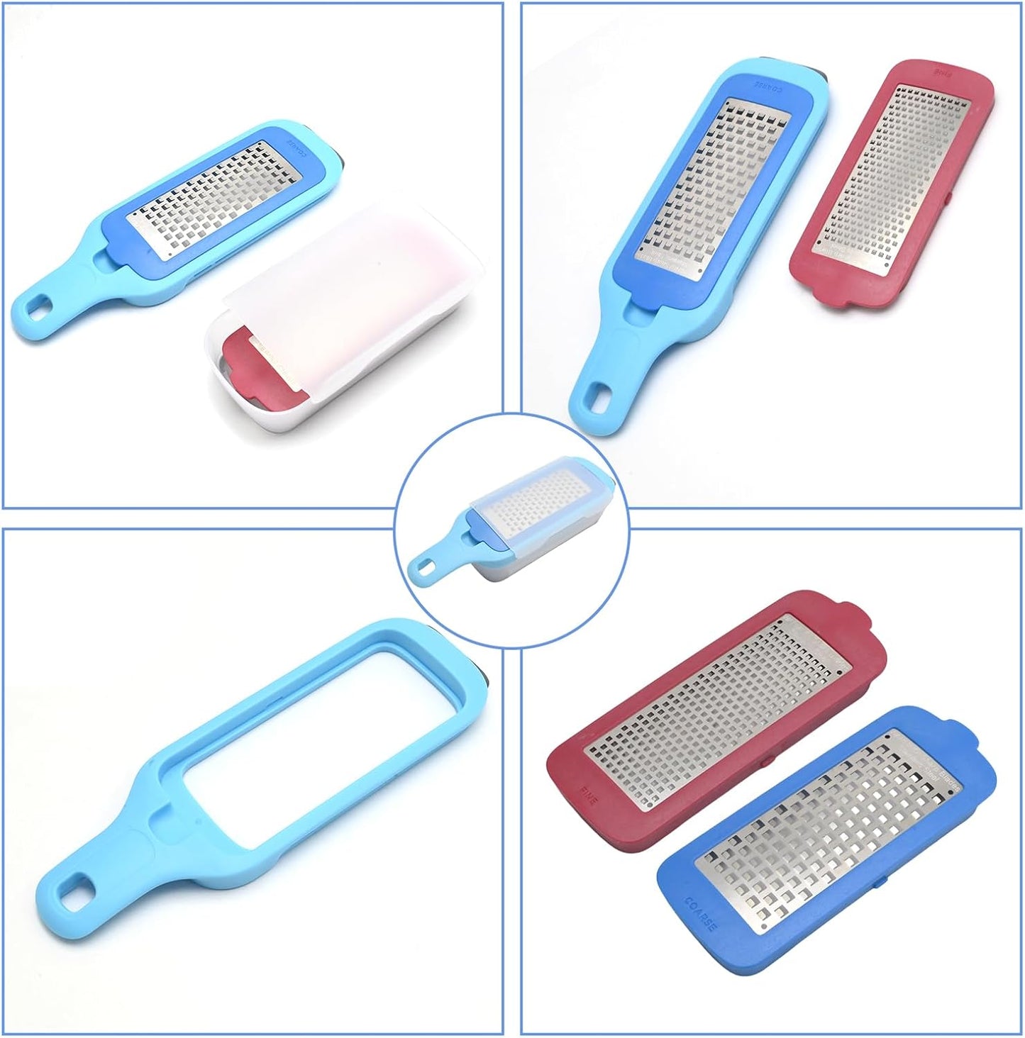 Interchangeable Grater with Storage Box, Cheese Grater Kit Includes Coarse & Fine Stainless Steel Blades for Kitchen, Non-Slip Base for Stability