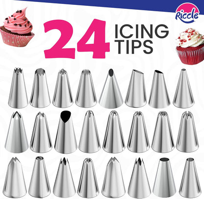 94 pcs Cake Decorating Kit with Cake Turntable - Includes 50pcs 16 Inch Disposable + 2 Reusable Piping Bags and Tips Set, 24 Icing Piping Tips, 2 Spatulas, 3 Icing Comb Scraper, 6 Cake Liners