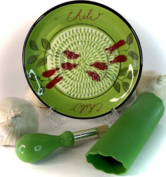 Premium Ceramic Garlic Grater Plate Set - Green Chili | Includes 5.25" Plate, Peeler, Brush, and Stand - For Strawberries, Ginger, Chocolate, Cheese, and more - Make your own puree!