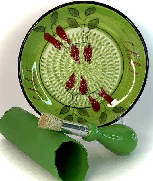 Premium Ceramic Garlic Grater Plate Set - Green Chili | Includes 5.25" Plate, Peeler, Brush, and Stand - For Strawberries, Ginger, Chocolate, Cheese, and more - Make your own puree!