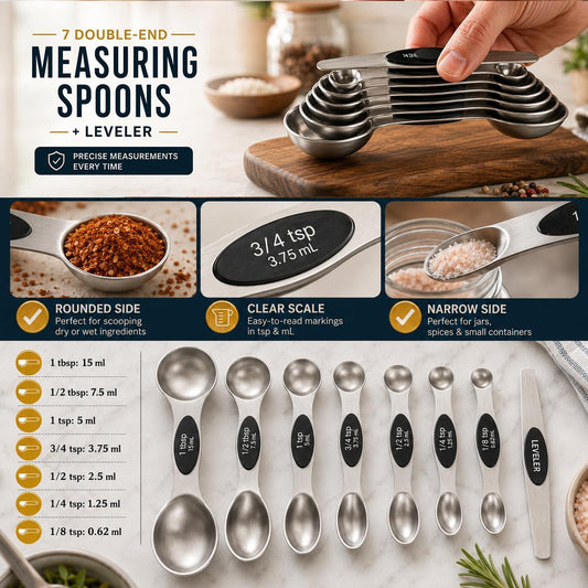 16 Pieces Measuring Cups and Magnetic Measuring Spoons Set Stainless Steel,8 Measure Cups with Silicone Handle and 7 Double Sided Magnetic Measure Spoons & 1 Leveler
