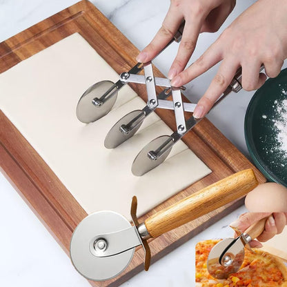 3-Wheel Pastry Knife, Dough Cutter and Wooden Handle Pizza Knife Wheel,Spaghetti And Noodle Slicer, Stainless Steel Pizza slicer, multiple pasta roller cutter tools, (with handle)