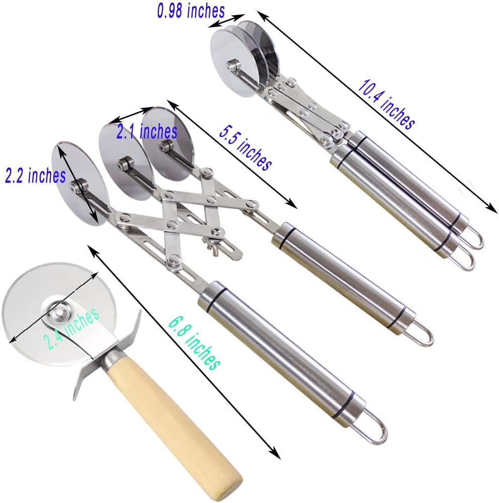 3-Wheel Pastry Knife, Dough Cutter and Wooden Handle Pizza Knife Wheel,Spaghetti And Noodle Slicer, Stainless Steel Pizza slicer, multiple pasta roller cutter tools, (with handle)