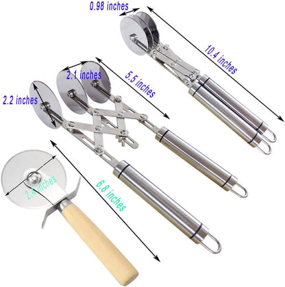 3-Wheel Pastry Knife, Dough Cutter and Wooden Handle Pizza Knife Wheel,Spaghetti And Noodle Slicer, Stainless Steel Pizza slicer, multiple pasta roller cutter tools, (with handle)