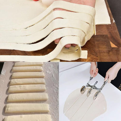 3-Wheel Pastry Knife, Dough Cutter and Wooden Handle Pizza Knife Wheel,Spaghetti And Noodle Slicer, Stainless Steel Pizza slicer, multiple pasta roller cutter tools, (with handle)