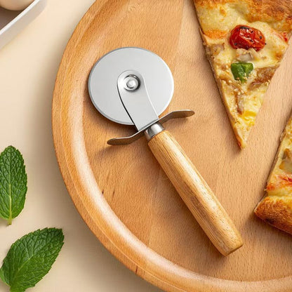 3-Wheel Pastry Knife, Dough Cutter and Wooden Handle Pizza Knife Wheel,Spaghetti And Noodle Slicer, Stainless Steel Pizza slicer, multiple pasta roller cutter tools, (with handle)
