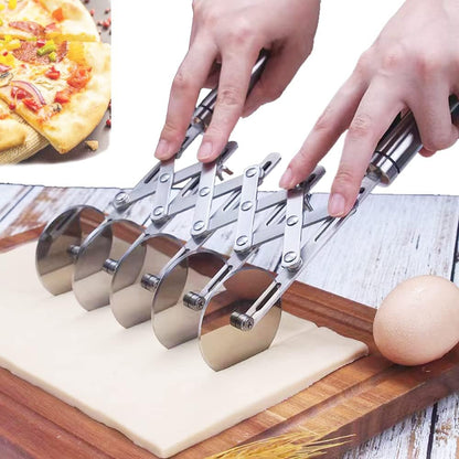 3-Wheel Pastry Knife, Dough Cutter and Wooden Handle Pizza Knife Wheel,Spaghetti And Noodle Slicer, Stainless Steel Pizza slicer, multiple pasta roller cutter tools, (with handle)