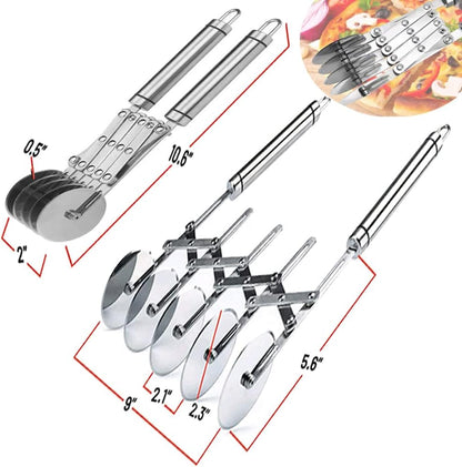 3-Wheel Pastry Knife, Dough Cutter and Wooden Handle Pizza Knife Wheel,Spaghetti And Noodle Slicer, Stainless Steel Pizza slicer, multiple pasta roller cutter tools, (with handle)