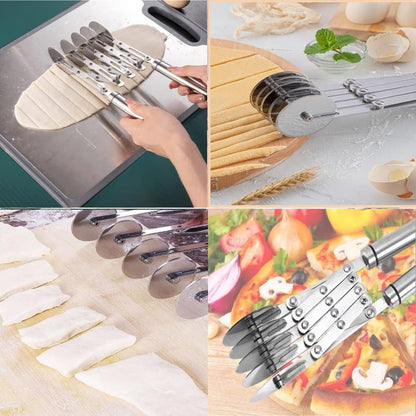 3-Wheel Pastry Knife, Dough Cutter and Wooden Handle Pizza Knife Wheel,Spaghetti And Noodle Slicer, Stainless Steel Pizza slicer, multiple pasta roller cutter tools, (with handle)