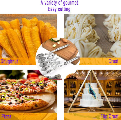 3-Wheel Pastry Knife, Dough Cutter and Wooden Handle Pizza Knife Wheel,Spaghetti And Noodle Slicer, Stainless Steel Pizza slicer, multiple pasta roller cutter tools, (with handle)
