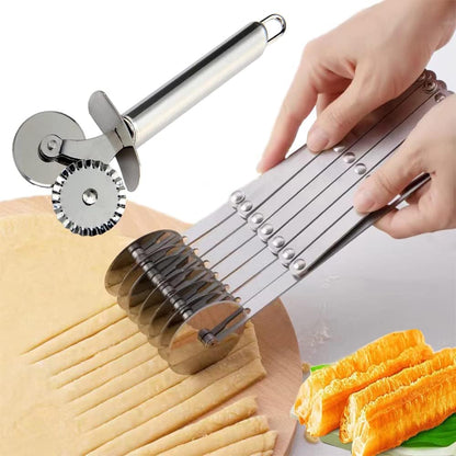 3-Wheel Pastry Knife, Dough Cutter and Wooden Handle Pizza Knife Wheel,Spaghetti And Noodle Slicer, Stainless Steel Pizza slicer, multiple pasta roller cutter tools, (with handle)