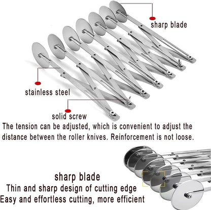 3-Wheel Pastry Knife, Dough Cutter and Wooden Handle Pizza Knife Wheel,Spaghetti And Noodle Slicer, Stainless Steel Pizza slicer, multiple pasta roller cutter tools, (with handle)