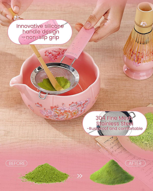 Matcha Whisk Set, 6pcs Matcha Kit Includes Large Matcha Bowl, Bamboo Whisk & Scoop with Cute Charm, Chasen Holder, Innovative Sifter, Tea Mat for Japanese Tea Ceremony-Floral Pattern