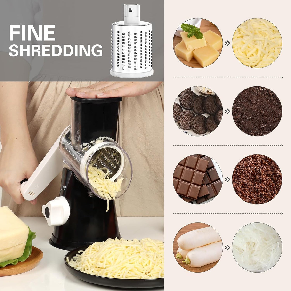 Rotary Cheese Grater Hand Crank Cheese Shredder, Black