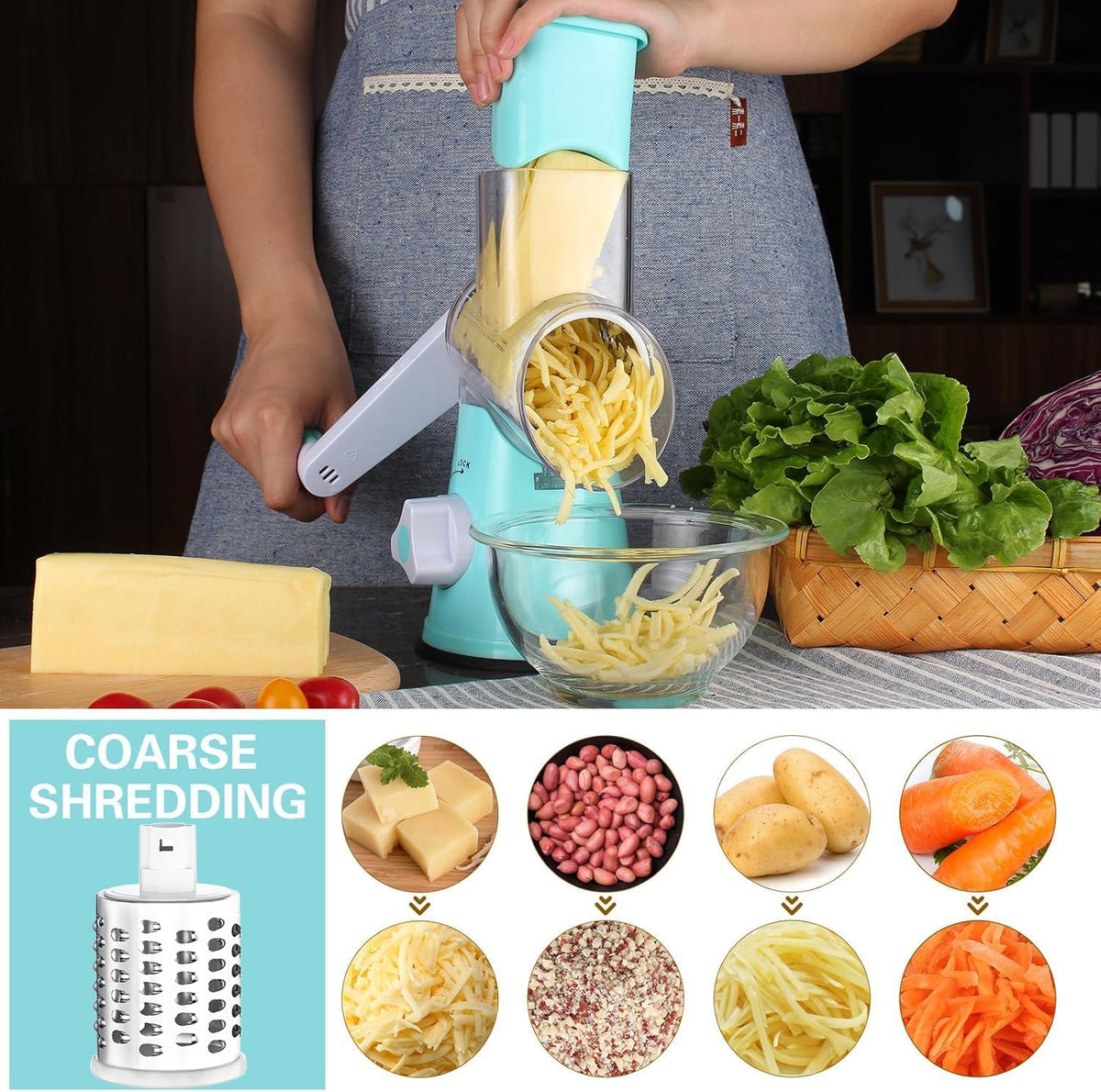 Rotary Cheese Grater Hand Crank Cheese Shredder, Black