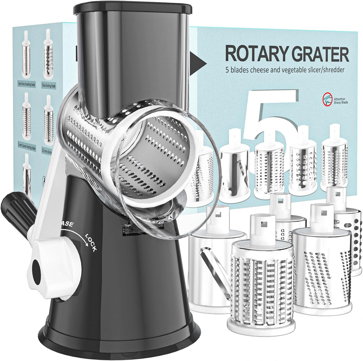 Rotary Cheese Grater Hand Crank Cheese Shredder, Black