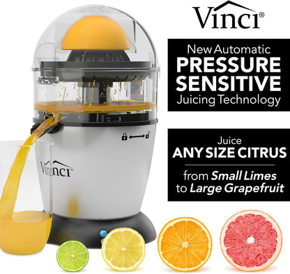 Vinci Electric Juicer, Hands Free Automatic Compact Citrus Press Machine | Pressure-Sensitive Extraction, Fine/Coarse Pulp Filters, 12 oz Bowl, Locking Spout, Fits Limes to 4.5-Inch Grapefruit