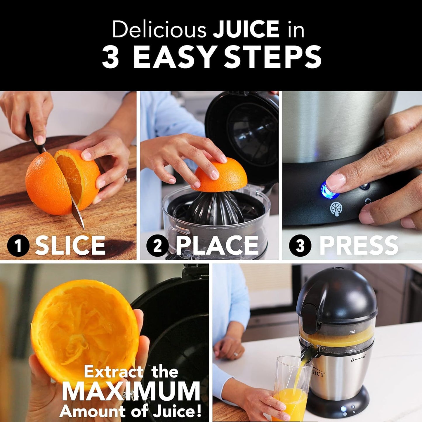Vinci Electric Juicer, Hands Free Automatic Compact Citrus Press Machine | Pressure-Sensitive Extraction, Fine/Coarse Pulp Filters, 12 oz Bowl, Locking Spout, Fits Limes to 4.5-Inch Grapefruit
