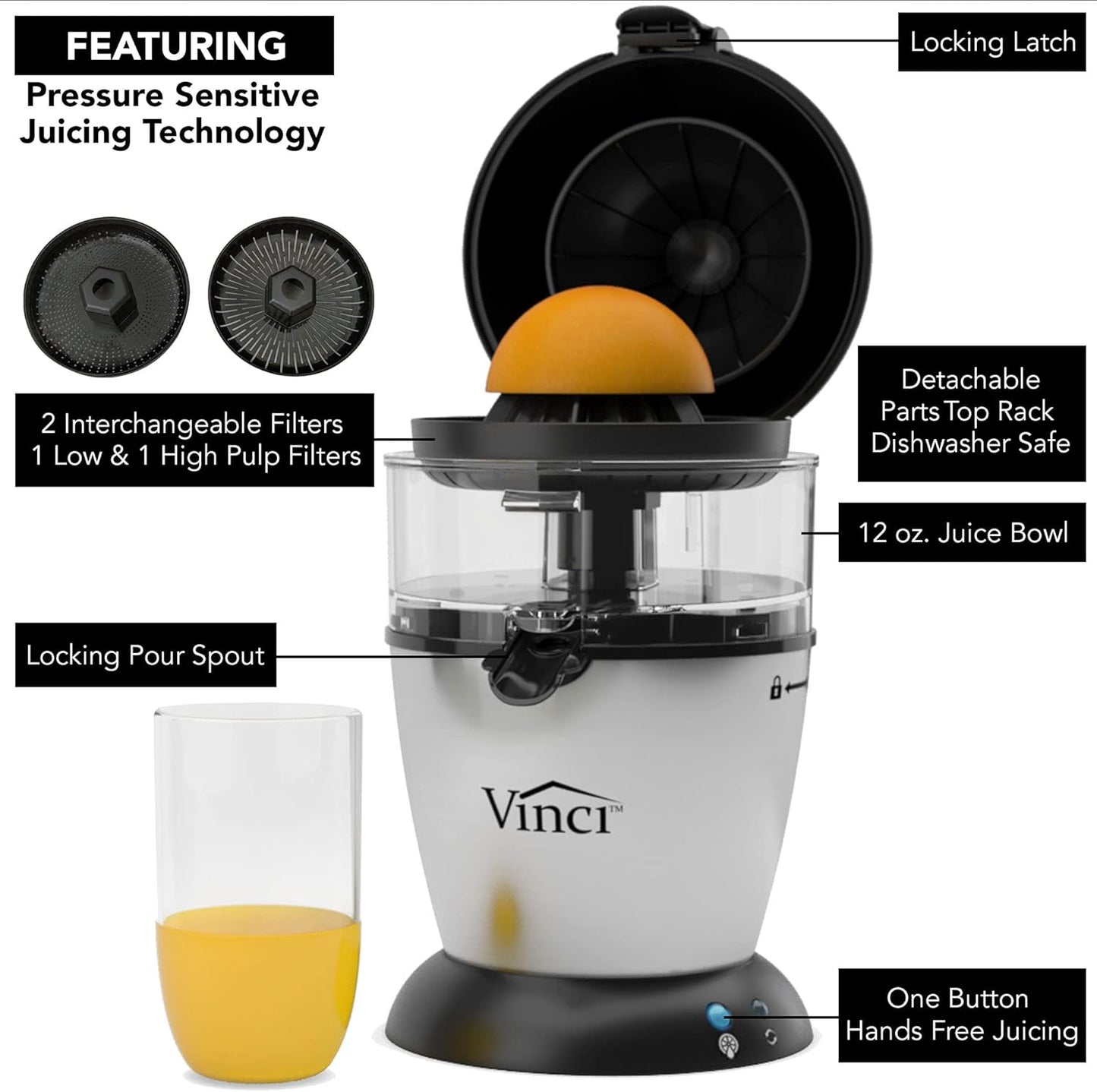 Vinci Electric Juicer, Hands Free Automatic Compact Citrus Press Machine | Pressure-Sensitive Extraction, Fine/Coarse Pulp Filters, 12 oz Bowl, Locking Spout, Fits Limes to 4.5-Inch Grapefruit